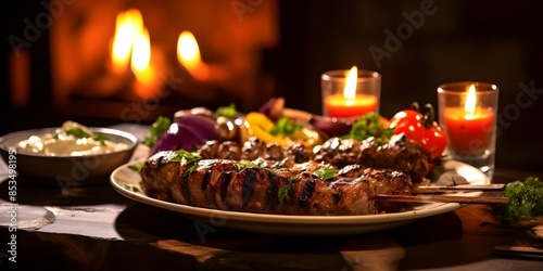 Middle Eastern Feast Grilled Lamb and Chicken Kebab Skewers. Concept Middle Eastern Cuisine, Grilled Lamb, Chicken Kebabs, Feast Gathering, Barbecue Delights