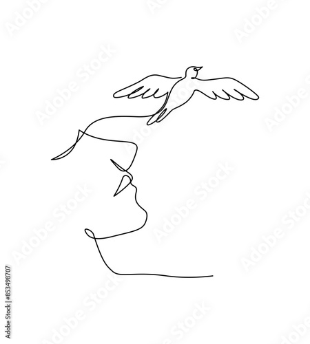 A person with flying bird in mental health concept, editable single line art drawing.