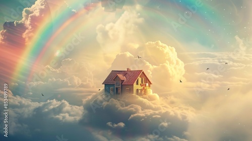 House on a cloud with rainbow
