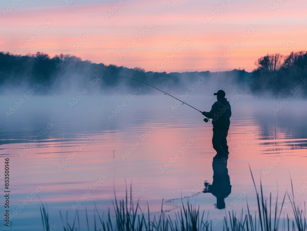 Silhouette ofFisherman Casting Line in Lake at Sunset - Outdoor Fishing Concept Silhouette ofFisherman Casting Line in Lake at Sunset - Outdoor Fishing Concept