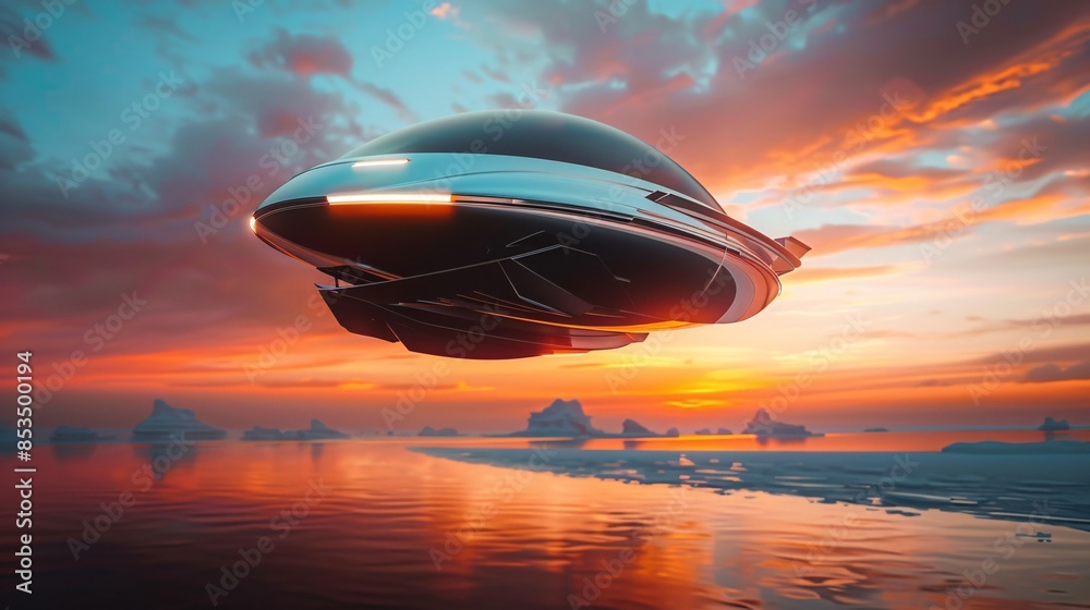 Obraz premium Futuristic car hovering at sunset