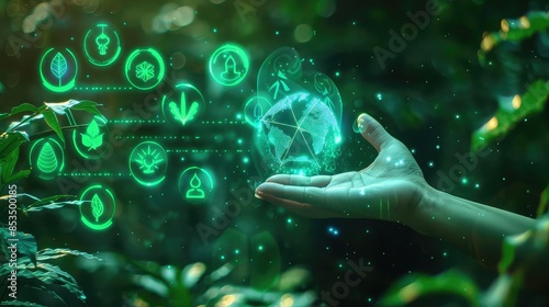 Hand interacting with floating holographic icons for renewable energy, carbon reduction, sustainability, futuristic style, neon blue and green glow, digital illustration photo