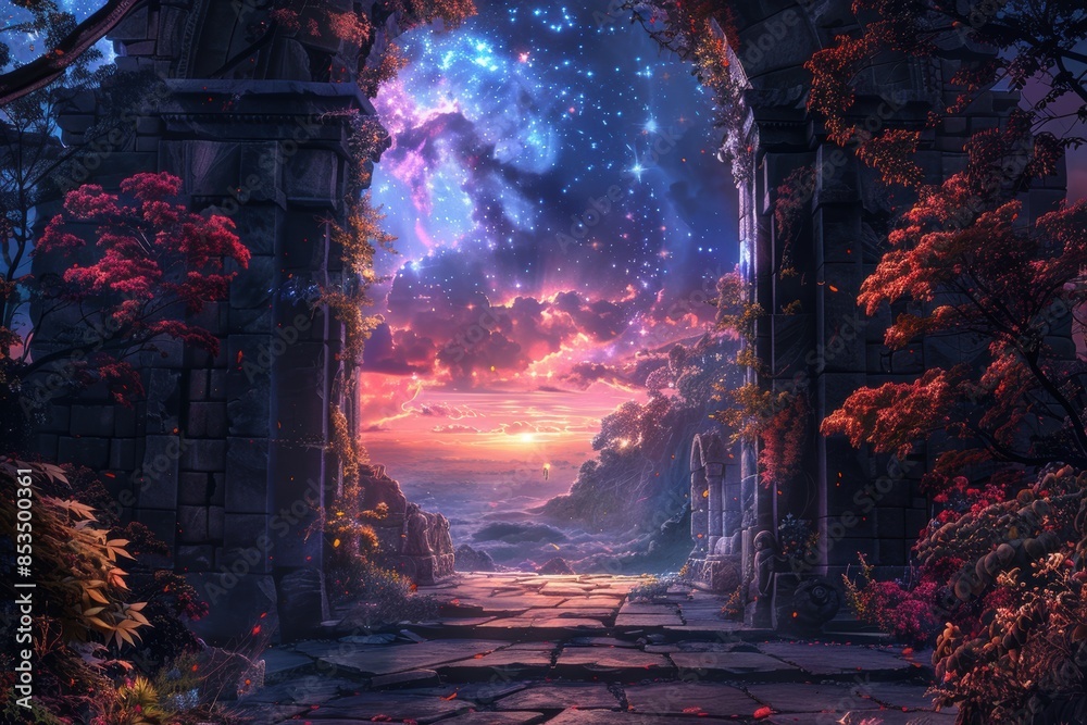 Obraz premium A colorful spiral galaxy with a person standing in the middle of it