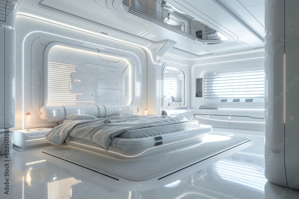 Bedroom designed in futuristic style. Comfortable and Dreamy concept Bedroom designed in futuristic style. Comfortable and Dreamy concept