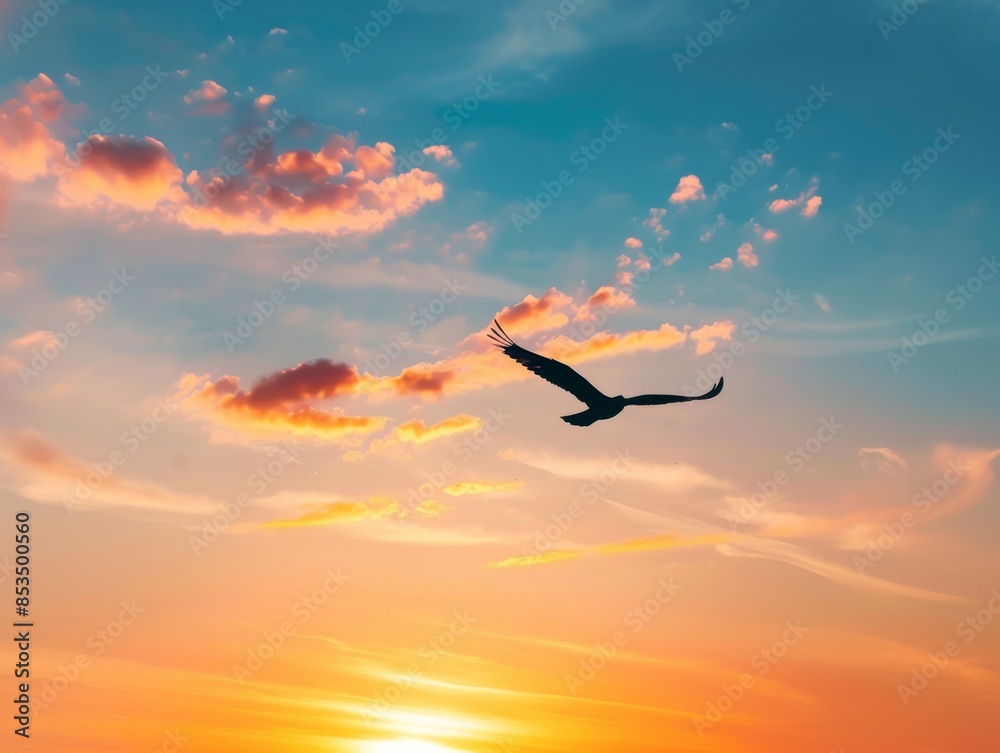 Bird Silhouette Flying in Expansive Sunrise Sky - Majestic Nature Photo Concept Bird Silhouette Flying in Expansive Sunrise Sky - Majestic Nature Photo Concept