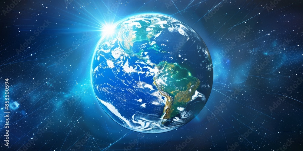 Obraz premium A futuristic globe with radiant lines symbolizing global climate patterns, highlighting the brilliance of meteorological data and environmental science