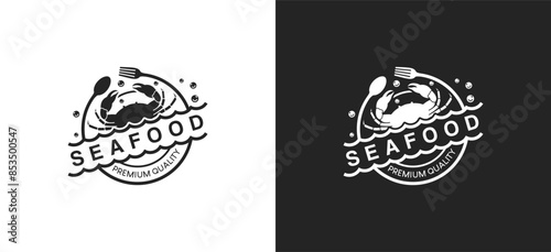 Seafood restaurant logo design template, crab symbol vector label