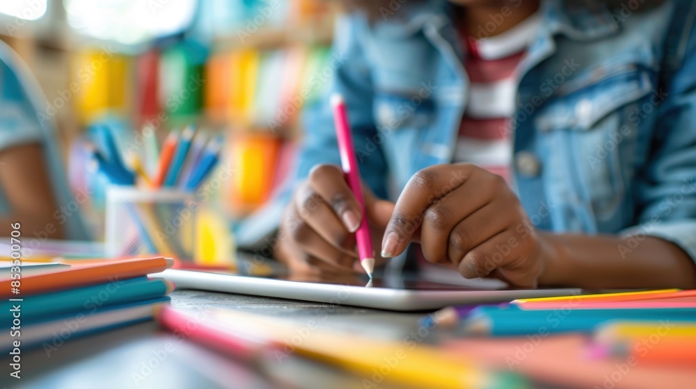 Close-up of person writing on a tablet with a pink stylus in a colorful, creative workspace filled with books and stationery. Close-up of person writing on a tablet with a pink stylus in a colorful, creative workspace filled with books and stationery.