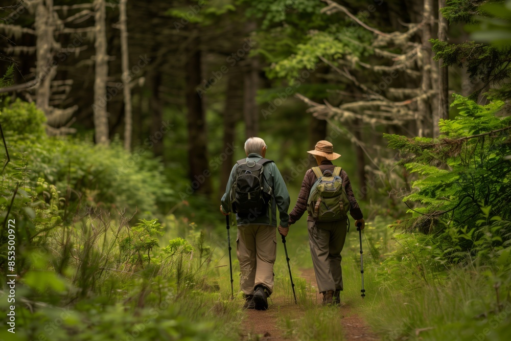 Senior Couple Enjoying a Scenic Nature Walk in Lush Green Forest