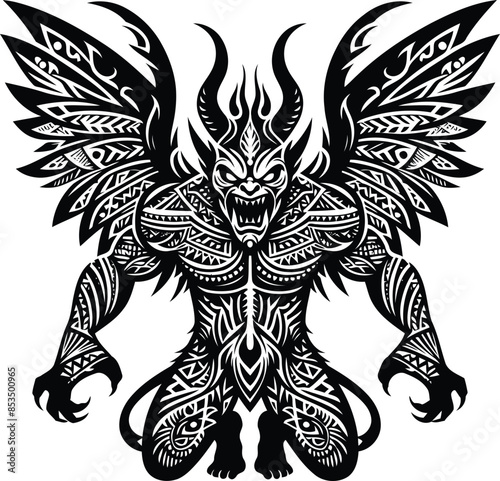  devil silhouete with Polynesian ethnic pattern illustration