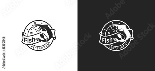 Seafood restaurant logo design template, sea fish symbol vector label with fork spoon tail