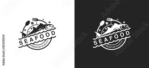 Seafood restaurant logo design template, tuna fish symbol vector label