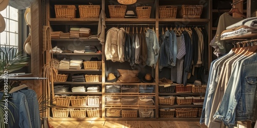 Rustic dressing room display with wooden shelves, woven baskets, and an assortment of casual wear, creating a warm and homely feel photo