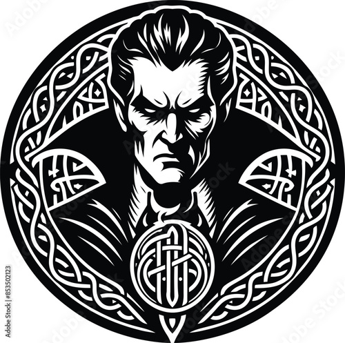 dracula in silhouete with celtic knot pattern illustration