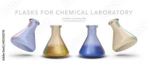 Set of 3d realistic flasks for chemical laboratory with shadow isolated on white background. Vector illustration