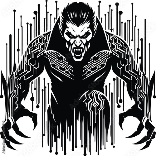 dracula silhouete with cyberpunk pattern illustration