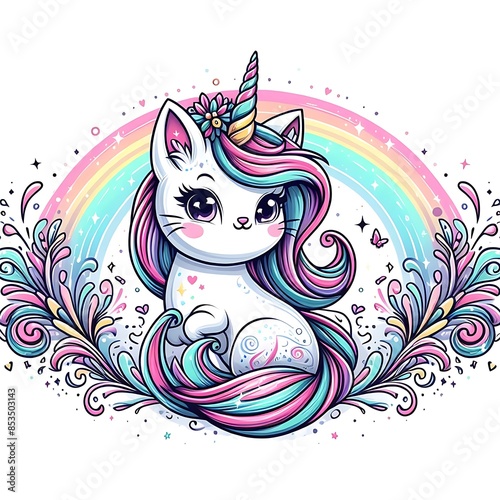 A cartoon cat design drawing graphic with a unicorn horn and rainbow Illustrative Artistic professional.
