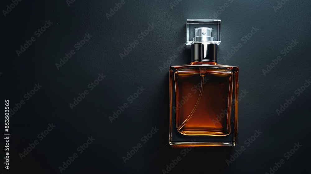 Stylish presentation of luxury men perfume in bottle on black background, above view. Space for text Stylish presentation of luxury men perfume in bottle on black background, above view. Space for text