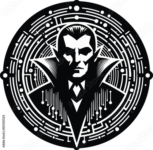 dracula silhouete with cyberpunk pattern illustration
