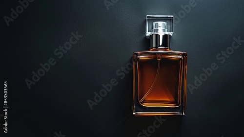 Stylish presentation of luxury men perfume in bottle on black background, above view. Space for text