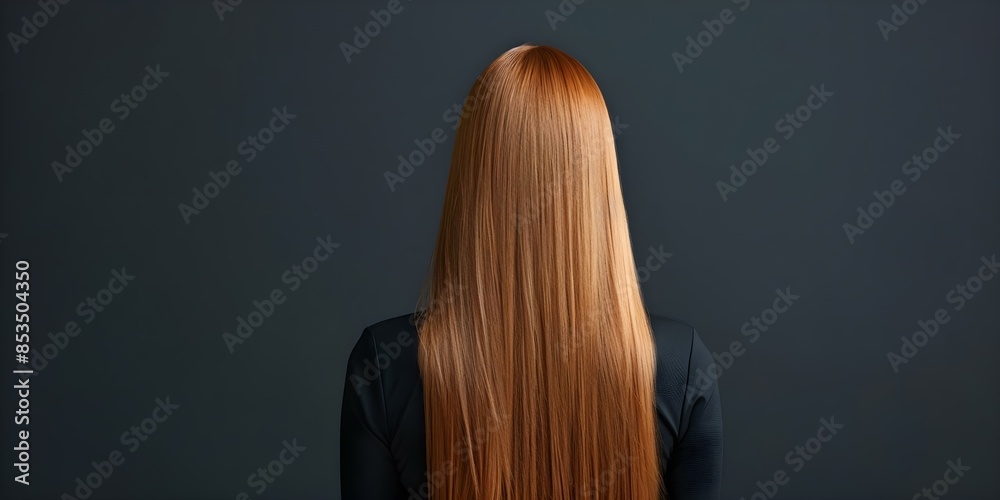 Naklejka premium Woman with long red hair viewed from behind on dark background. Concept Redhead Portrait, Long Hair, Dark Background, Mystery, Elegant Shot