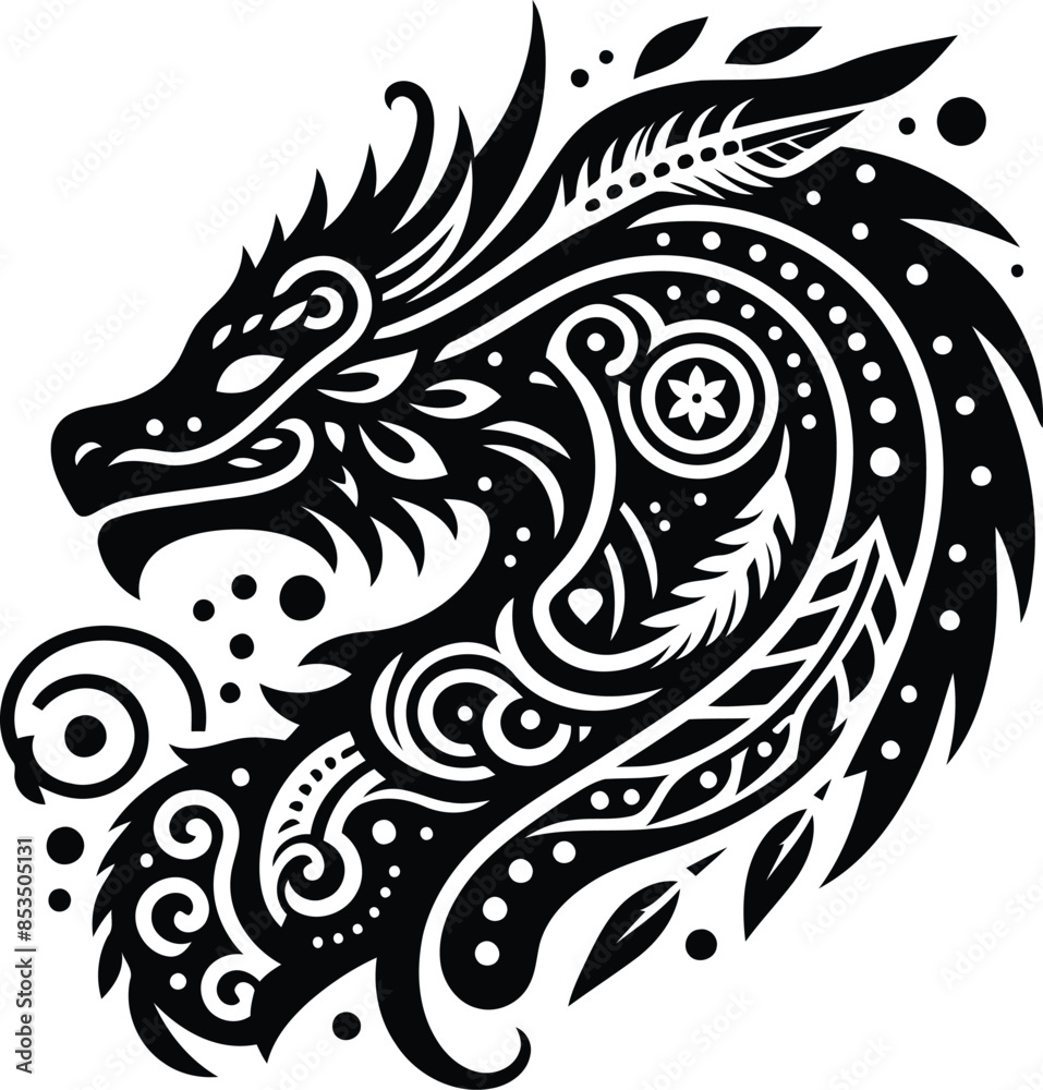 dragon in silhouete with bohemian nature pattern illustration dragon in silhouete with bohemian nature pattern illustration