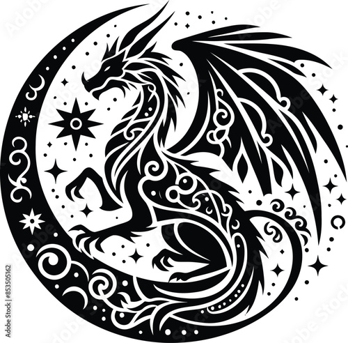 dragon in silhouete with bohemian nature pattern illustration
