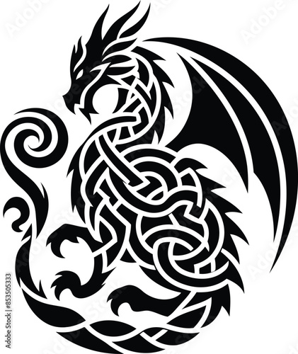 dragon in silhouete with celtic knot pattern illustration