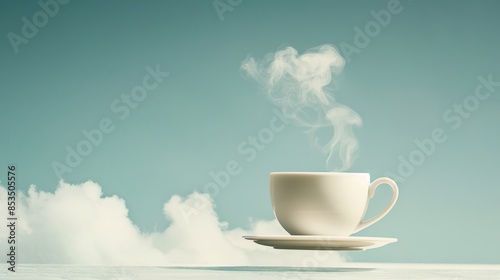 A modern ceramic coffee cup floating mid-air, with steam rising and blending seamlessly into a cloud-filled sky, surreal minimalist.
