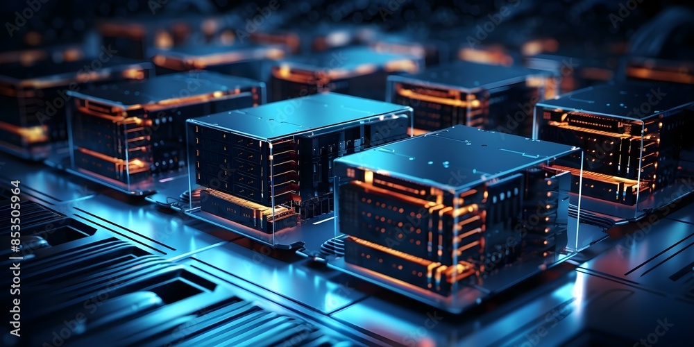 Fototapeta premium Connecting Cloud Computing Network Servers and Data Centers Linked by Fiber Optic Cables. Concept Cloud Computing, Network Servers, Data Centers, Fiber Optic Cables, Technology Integration