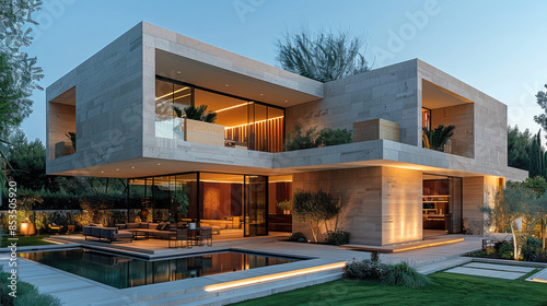 A modern travertine villa in the middle of modern green garden and lawn, evening time. Generative AI.