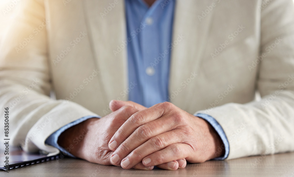 Business person, hands together and patience with desk for composure, waiting or job interview at office. Closeup of calm employee touching for listening, understanding or negotiation at workplace Business person, hands together and patience with desk for composure, waiting or job interview at office. Closeup of calm employee touching for listening, understanding or negotiation at workplace