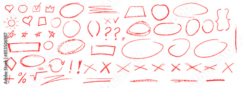 Red underline pencil hand drawn various ellipses, punctuation marks, direction pointers, arrows, stars, question mark and exclamation point. Vector grunge red strike through and underline elements.
