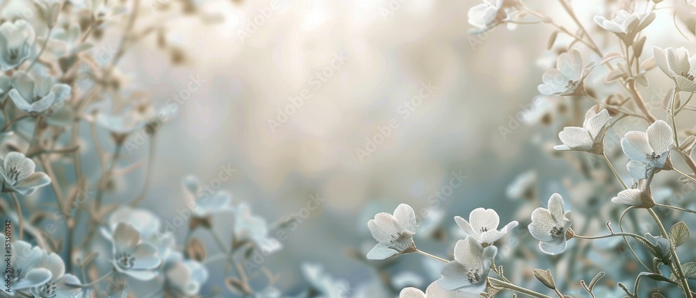 Fototapeta premium Abstract floral nature background with delicate white plant and flower leaves border