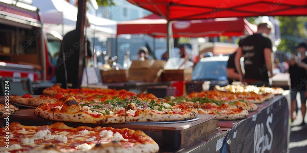 A vibrant pizza paradise street fair, with food trucks and stalls offering a wide range of pizzas, from traditional to innovative, mouth-watering options A vibrant pizza paradise street fair, with food trucks and stalls offering a wide range of pizzas, from traditional to innovative, mouth-watering options