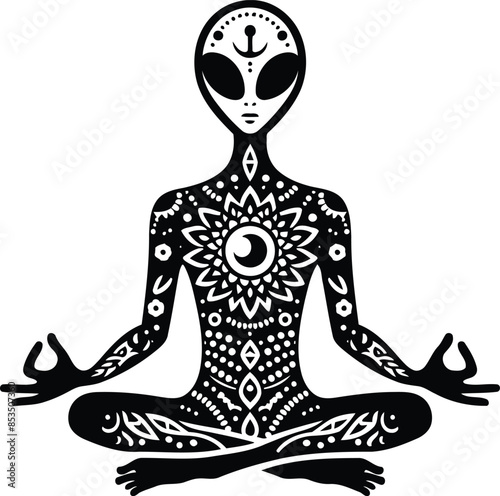 extraterrestrial alien in silhouete with bohemian nature pattern illustration