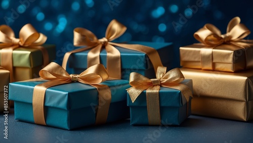Holiday luxury gift boxes with golden bow ribbons and decor on blue background Christmas gift wrapping.