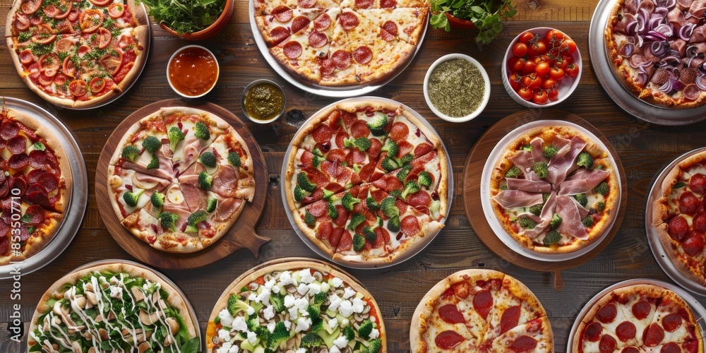 An aerial view of a pizza paradise spread, with colorful pizzas topped with fresh vegetables, meats, and cheeses on rustic wooden tables An aerial view of a pizza paradise spread, with colorful pizzas topped with fresh vegetables, meats, and cheeses on rustic wooden tables