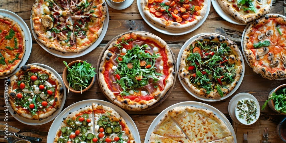 An aerial view of a pizza paradise spread, with colorful pizzas topped with fresh vegetables, meats, and cheeses on rustic wooden tables An aerial view of a pizza paradise spread, with colorful pizzas topped with fresh vegetables, meats, and cheeses on rustic wooden tables