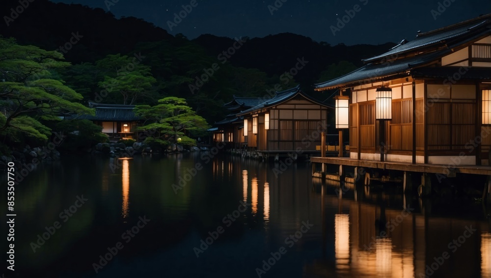 Night view of traditional boathouses at Ine Town in Kyoto, Japan. Night view of traditional boathouses at Ine Town in Kyoto, Japan.