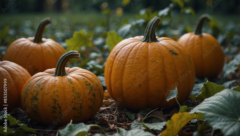 Pumpkins in foliage for Halloween holiday lying on the floor Spooky drawings on pumpkins. Pumpkins in foliage for Halloween holiday lying on the floor Spooky drawings on pumpkins.