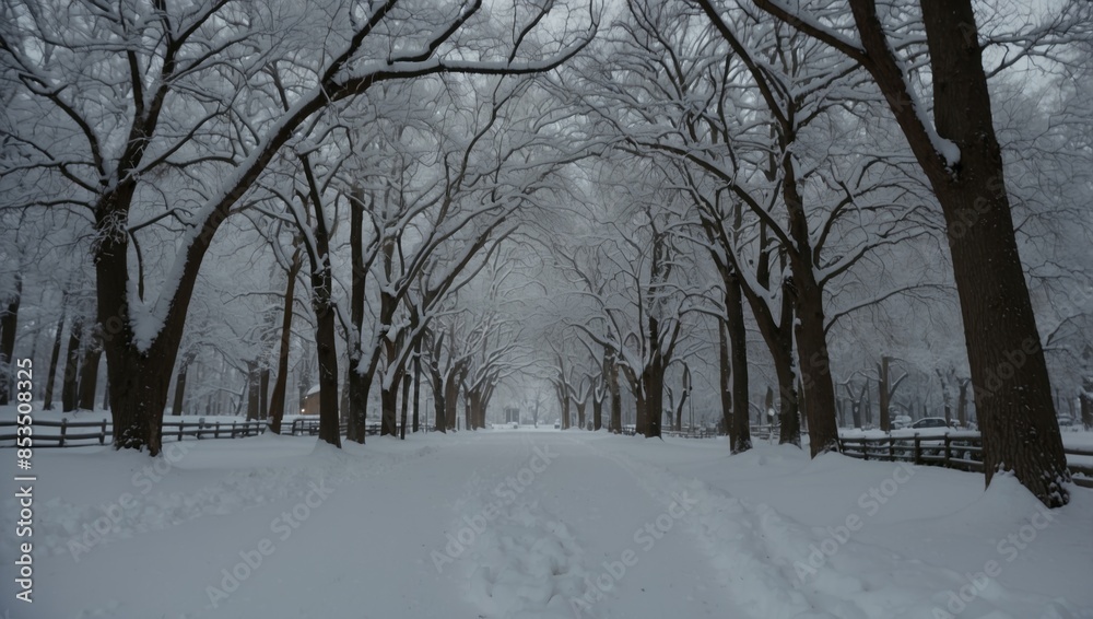 Snow-covered trees and happy holidays text. Snow-covered trees and happy holidays text.