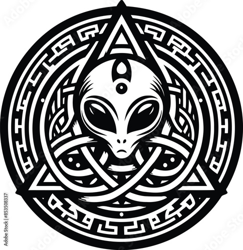 extraterrestrial alien in silhouete with celtic knot pattern illustration