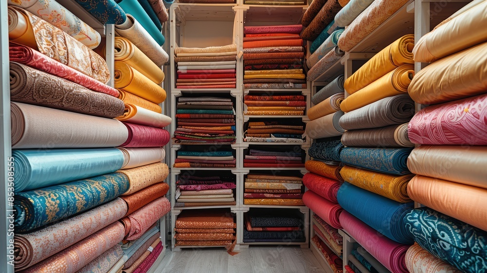 A modern sewing atelier with neatly arranged shelves displaying a variety of fabrics in vibrant, including luxurious silks, soft cottons, and rich velvets, all folded impeccably. Generative AI. A modern sewing atelier with neatly arranged shelves displaying a variety of fabrics in vibrant, including luxurious silks, soft cottons, and rich velvets, all folded impeccably. Generative AI.