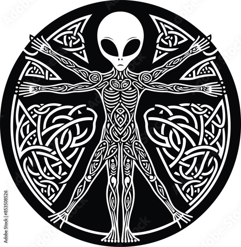 extraterrestrial alien in silhouete with celtic knot pattern illustration