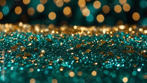 Teal green and gold glitter bokeh background for holiday celebration. photo