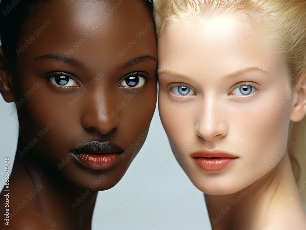 The womans face is separated into two parts black hair on the left, colored African face, on the right a Caucasian blond, straight blonde hair The womans face is separated into two parts black hair on the left, colored African face, on the right a Caucasian blond, straight blonde hair