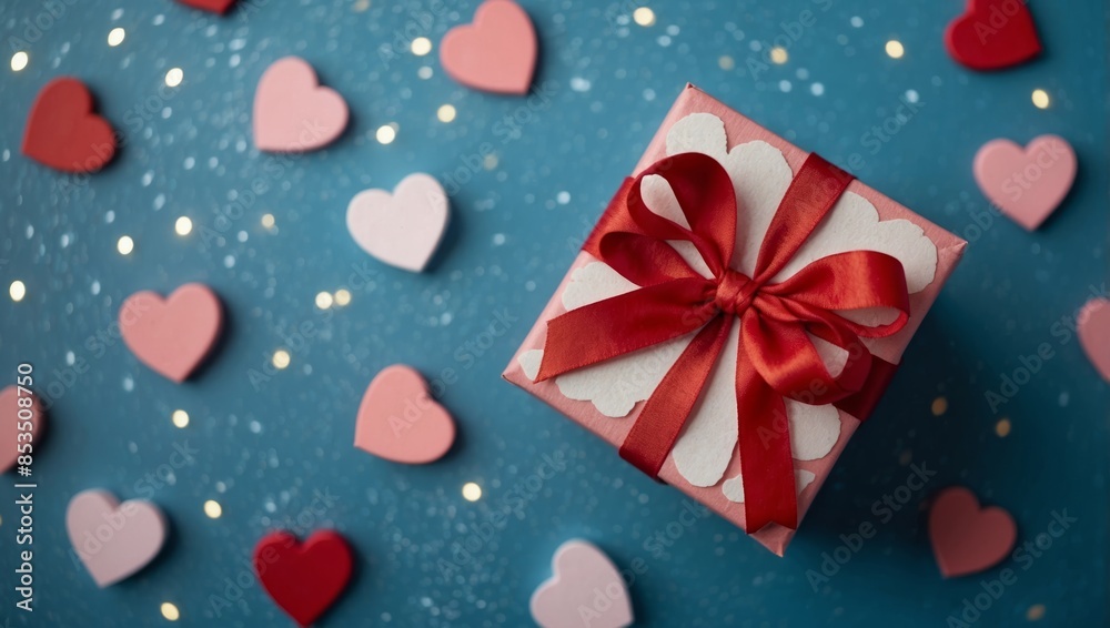 Valentines day background Gift box and mixed hearts on blue top view Flat lay. Valentines day background Gift box and mixed hearts on blue top view Flat lay.