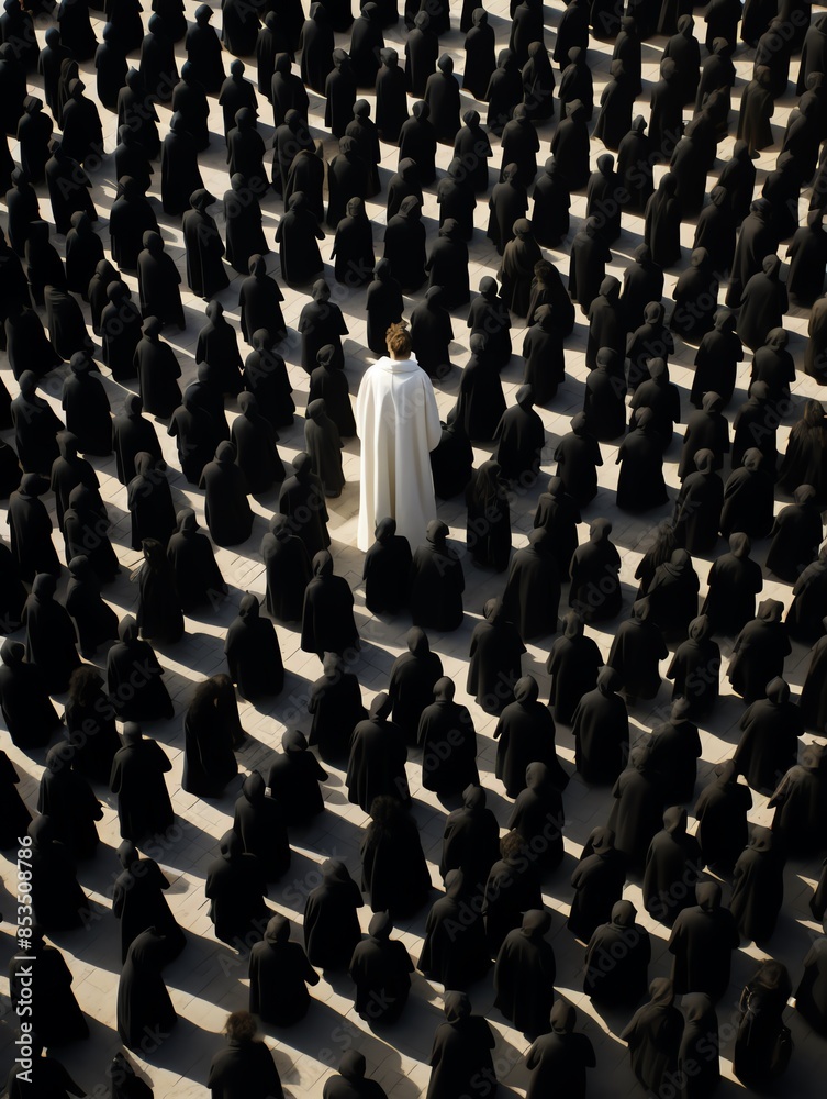 Fototapeta premium A person wearing black from top to bottom stood in the crowd People were dressed in white from top to bottom and it felt like a spiral in a birdseye view Extra wide birds eye view