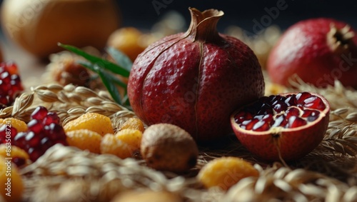 Tu Bishvat holiday symbols - dried fruits, pomegranate, barley, wheat.